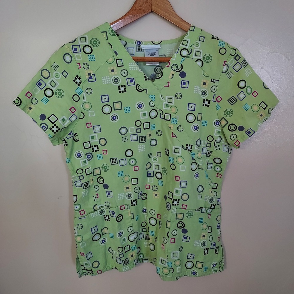 ScrubStar Womens XS Lime Green Retro Geometric Cotton V-Neck Scrub Top